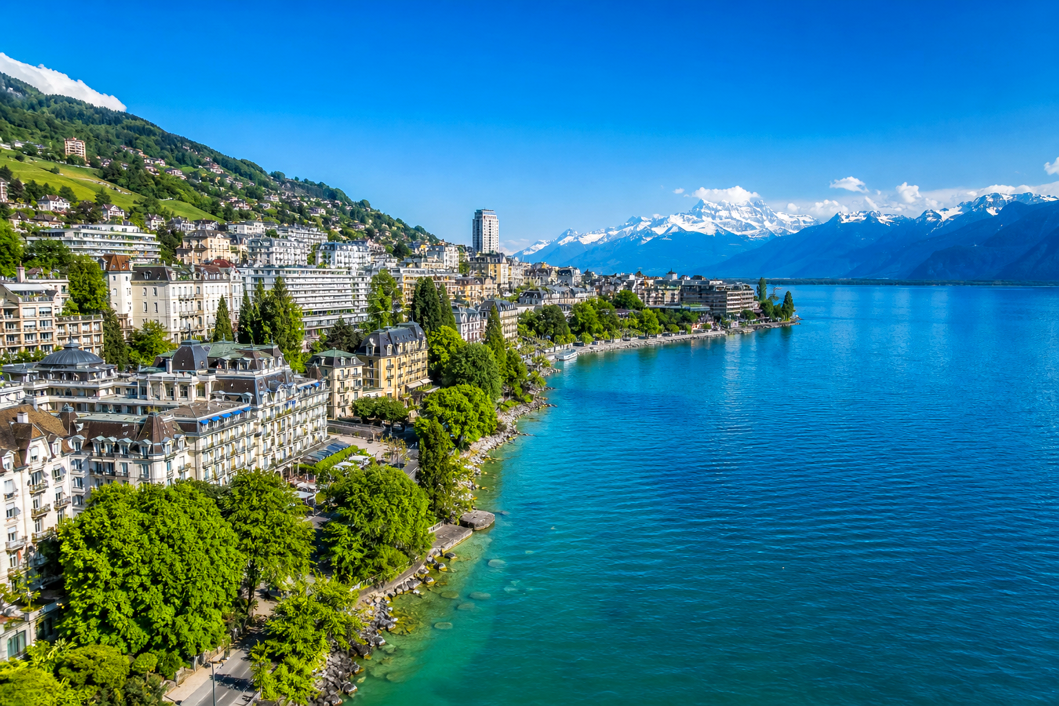 Vue aérienne de Montreux et du lac Léman, Riviera vaudoise